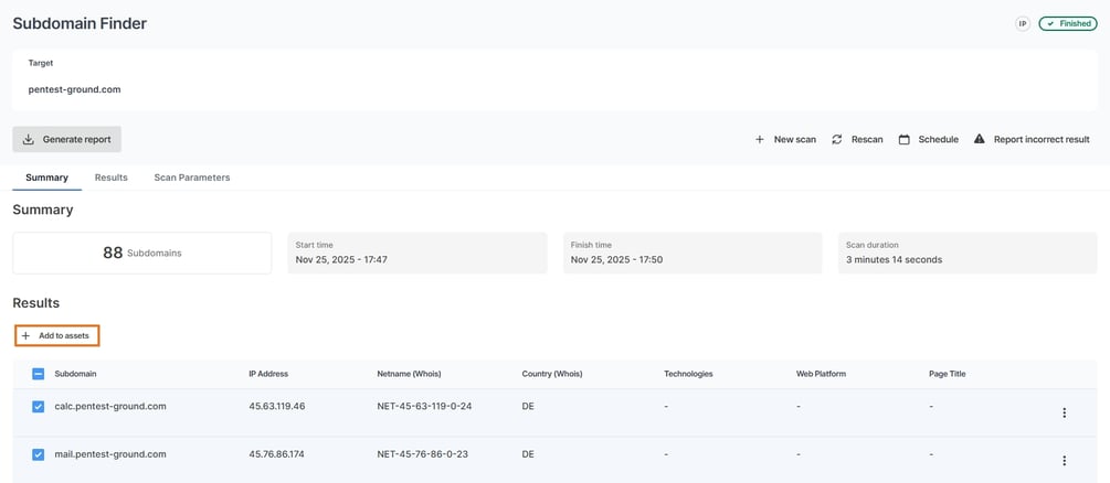 Add target from the Find Subdomains scan results